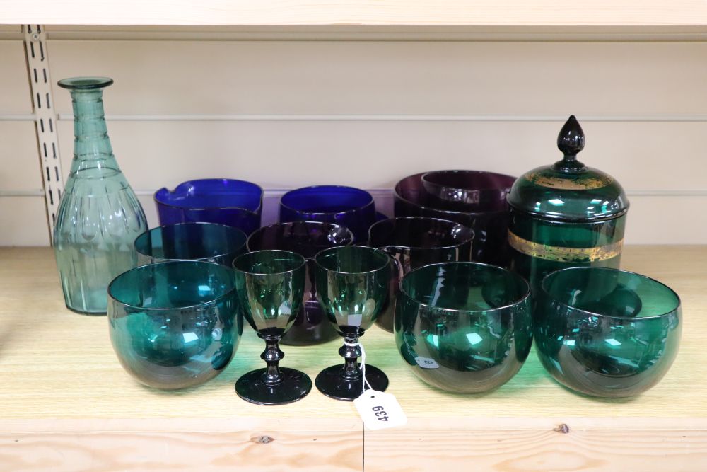 A collection of Bristol blue, green and amethyst rinsers, glasses etc.